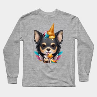 Tricolor Long Coat Chihuahua Ice Cream Unicorn Long Sleeve T-Shirt